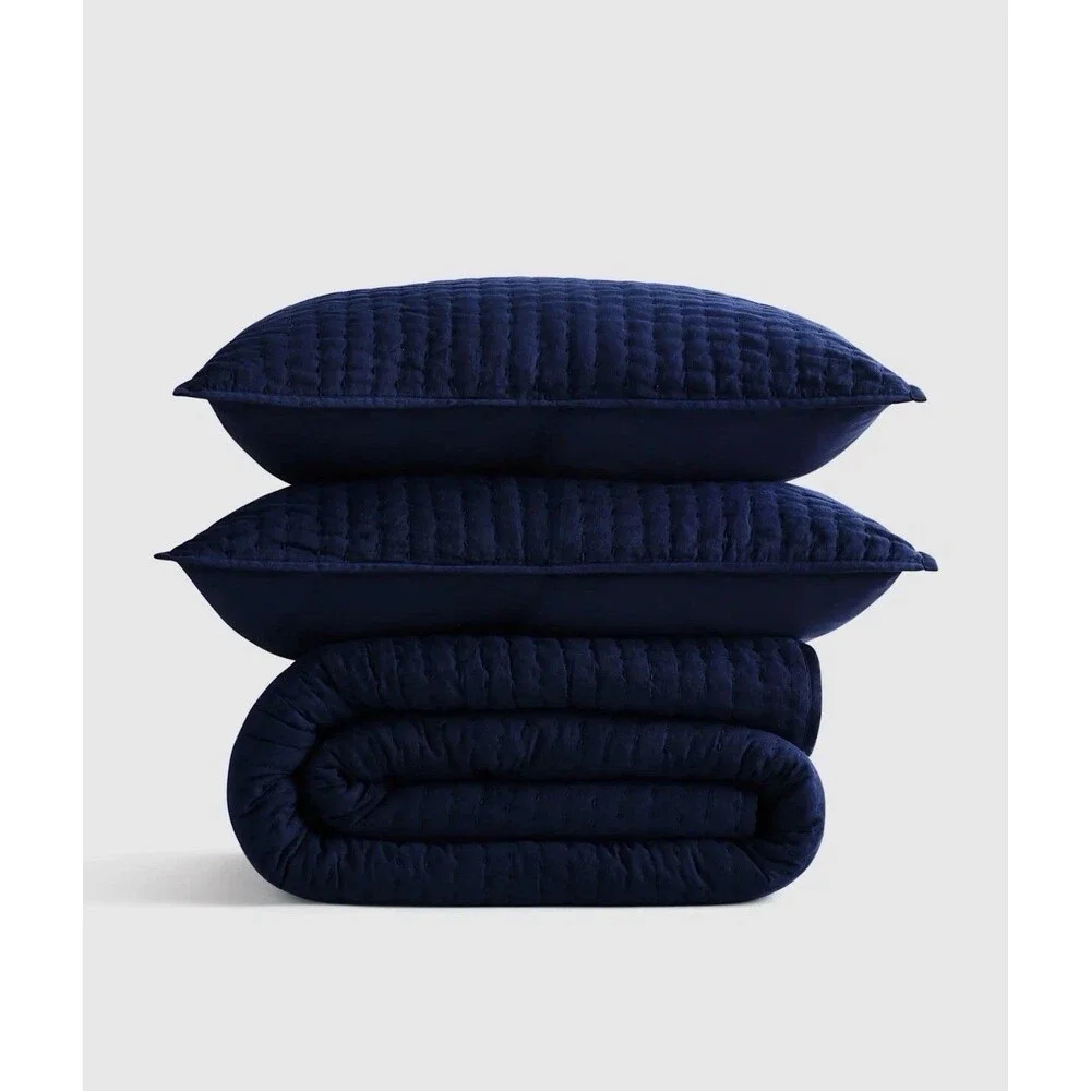 Quince European Linen Cotton Stitch Quilt Set Full / Queen Navy $189.90 Retail